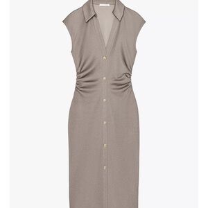 Zara Brown Ruched Midi Dress with Notched Collar